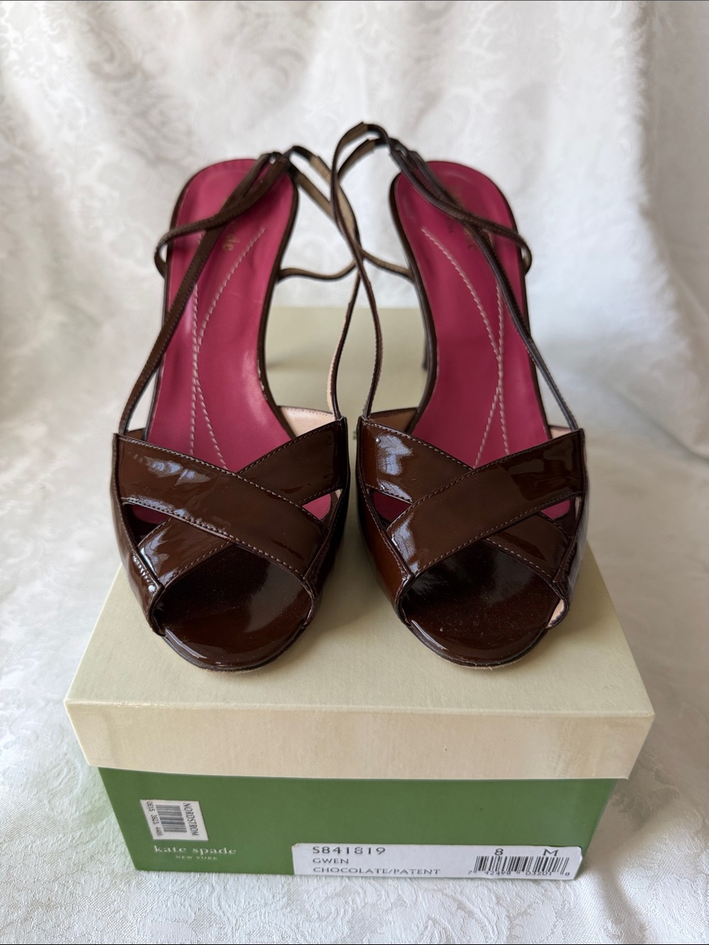 kate spade Brown Patent Leather Peep-Toe Heels with Pink Insoles